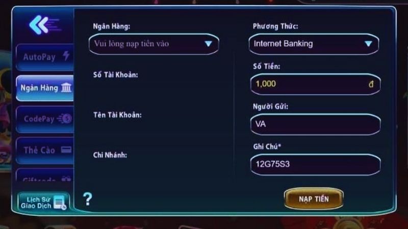 Phương thức nạp tiền đang được cổng game triển khai